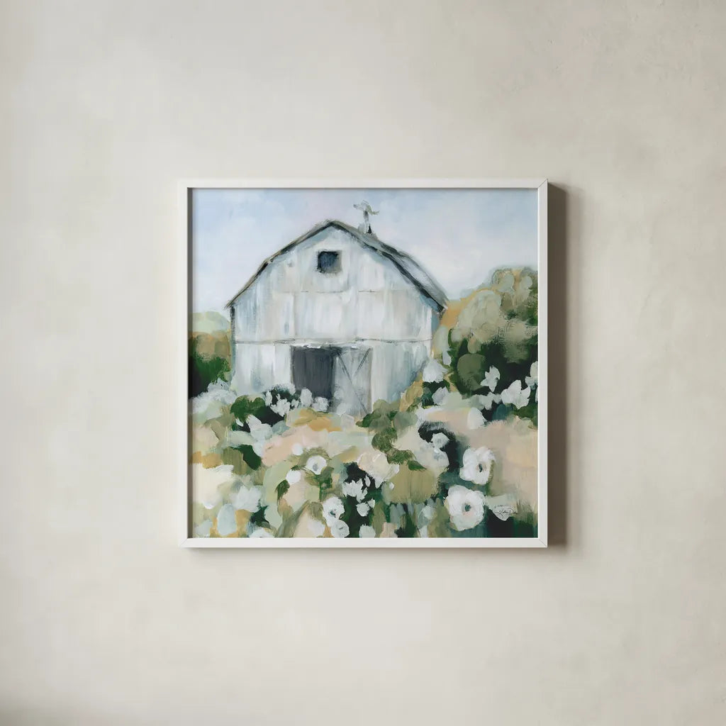 Summer Barn One Window Neutral by Katrina Pete. Shown in a crisp white glass frame for a clean and minimalist style. Available as an archival giclee rolled canvas, fine art paper, or poster print. SKU 76376a.
