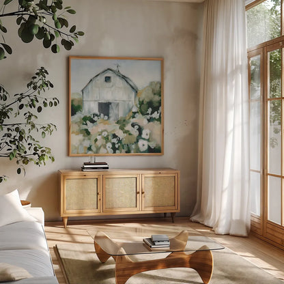 Summer Barn One Window Neutral by Katrina Pete. Shown in a natural wood frame in a cozy modern living room. Available as an archival giclee rolled canvas, fine art paper, or poster print. SKU 76376a.