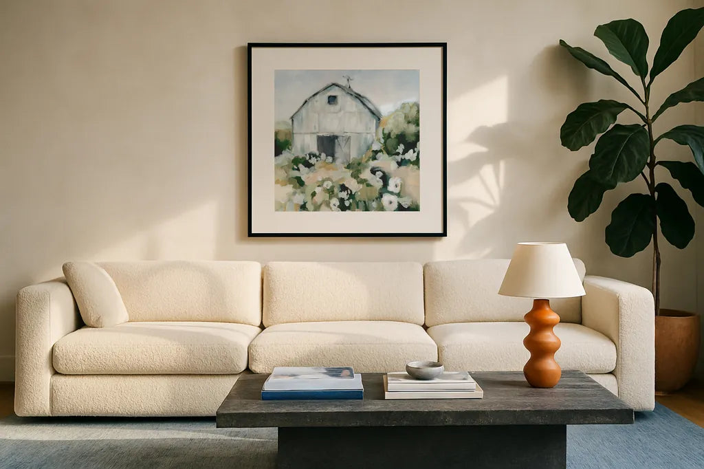 Summer Barn One Window Neutral by Katrina Pete. Displayed in a glass frame with matte in a clean modern living room. Available as an archival giclee rolled canvas, fine art paper, or poster print. SKU 76376a.