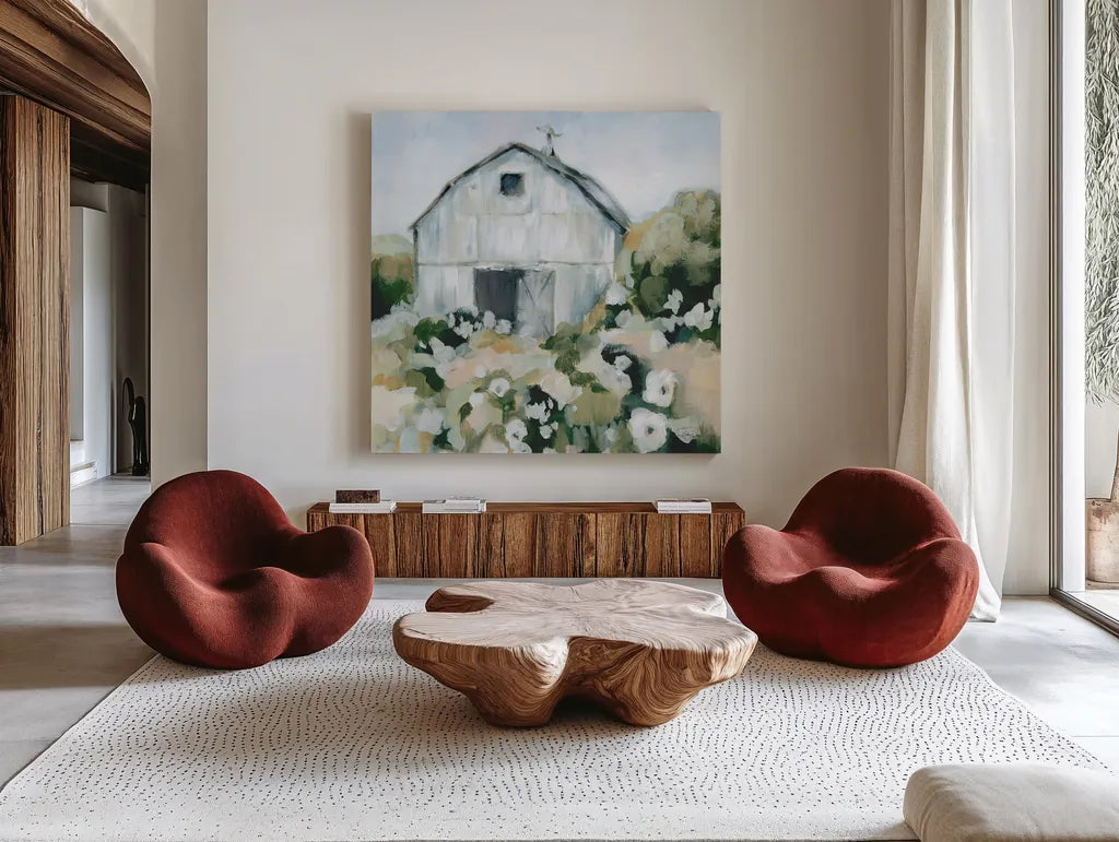 Summer Barn One Window Neutral by Katrina Pete. Shown as extra-large giant wall art in a modern living room. Available as an archival giclee rolled canvas, fine art paper, or poster print. SKU 76376a.