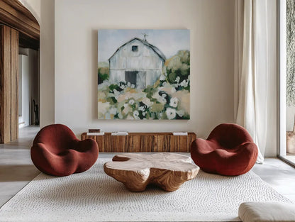 Summer Barn One Window Neutral by Katrina Pete. Shown as extra-large giant wall art in a modern living room. Available as an archival giclee rolled canvas, fine art paper, or poster print. SKU 76376a.