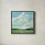 Summer Clouds by Katrina Pete. Shown in a sleek black glass frame for a contemporary gallery look. Available as an archival giclee rolled canvas, fine art paper, or poster print. SKU 73252a.