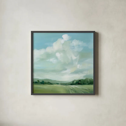Summer Clouds by Katrina Pete. Shown in a sleek black glass frame for a contemporary gallery look. Available as an archival giclee rolled canvas, fine art paper, or poster print. SKU 73252a.