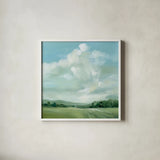 Summer Clouds by Katrina Pete. Shown in a crisp white glass frame for a clean and minimalist style. Available as an archival giclee rolled canvas, fine art paper, or poster print. SKU 73252a.