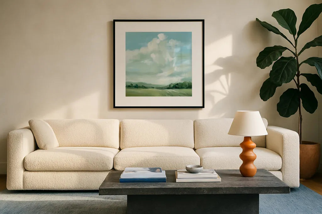 Summer Clouds by Katrina Pete. Displayed in a glass frame with matte in a clean modern living room. Available as an archival giclee rolled canvas, fine art paper, or poster print. SKU 73252a.