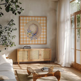 Summer Cottage I by Katrina Pete. Shown in a natural wood frame in a cozy modern living room. Available as an archival giclee rolled canvas, fine art paper, or poster print. SKU 103246a.