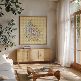 Summer Cottage III by Katrina Pete. Shown in a natural wood frame in a cozy modern living room. Available as an archival giclee rolled canvas, fine art paper, or poster print. SKU 103248a.