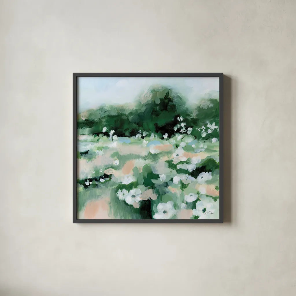 Summer Field by Katrina Pete. Shown in a sleek black glass frame for a contemporary gallery look. Available as an archival giclee rolled canvas, fine art paper, or poster print. SKU 76009a.