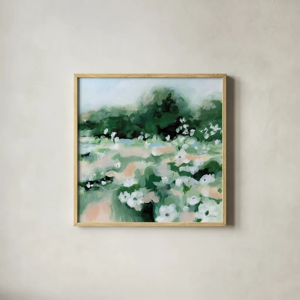 Summer Field by Katrina Pete. Shown in a natural wood glass frame for a timeless modern aesthetic. Available as an archival giclee rolled canvas, fine art paper, or poster print. SKU 76009a.