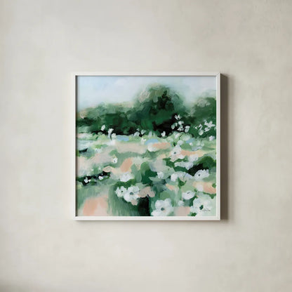 Summer Field by Katrina Pete. Shown in a crisp white glass frame for a clean and minimalist style. Available as an archival giclee rolled canvas, fine art paper, or poster print. SKU 76009a.