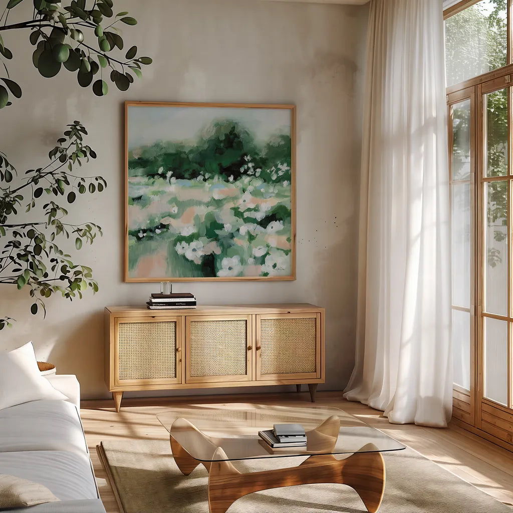 Summer Field by Katrina Pete. Shown in a natural wood frame in a cozy modern living room. Available as an archival giclee rolled canvas, fine art paper, or poster print. SKU 76009a.