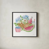 Summer Picnic I by Katrina Pete. Shown in a sleek black glass frame for a contemporary gallery look. Available as an archival giclee rolled canvas, fine art paper, or poster print. SKU 103282a.