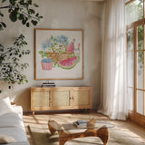 Summer Picnic I by Katrina Pete. Shown in a natural wood frame in a cozy modern living room. Available as an archival giclee rolled canvas, fine art paper, or poster print. SKU 103282a.