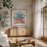 Summer Picnic II by Katrina Pete. Shown in a natural wood frame in a cozy modern living room. Available as an archival giclee rolled canvas, fine art paper, or poster print. SKU 103283a.