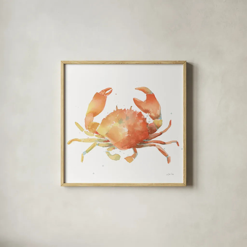 Summertime Crab by Katrina Pete. Shown in a natural wood glass frame for a timeless modern aesthetic. Available as an archival giclee rolled canvas, fine art paper, or poster print. SKU 68951a.