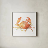 Summertime Crab by Katrina Pete. Shown in a crisp white glass frame for a clean and minimalist style. Available as an archival giclee rolled canvas, fine art paper, or poster print. SKU 68951a.