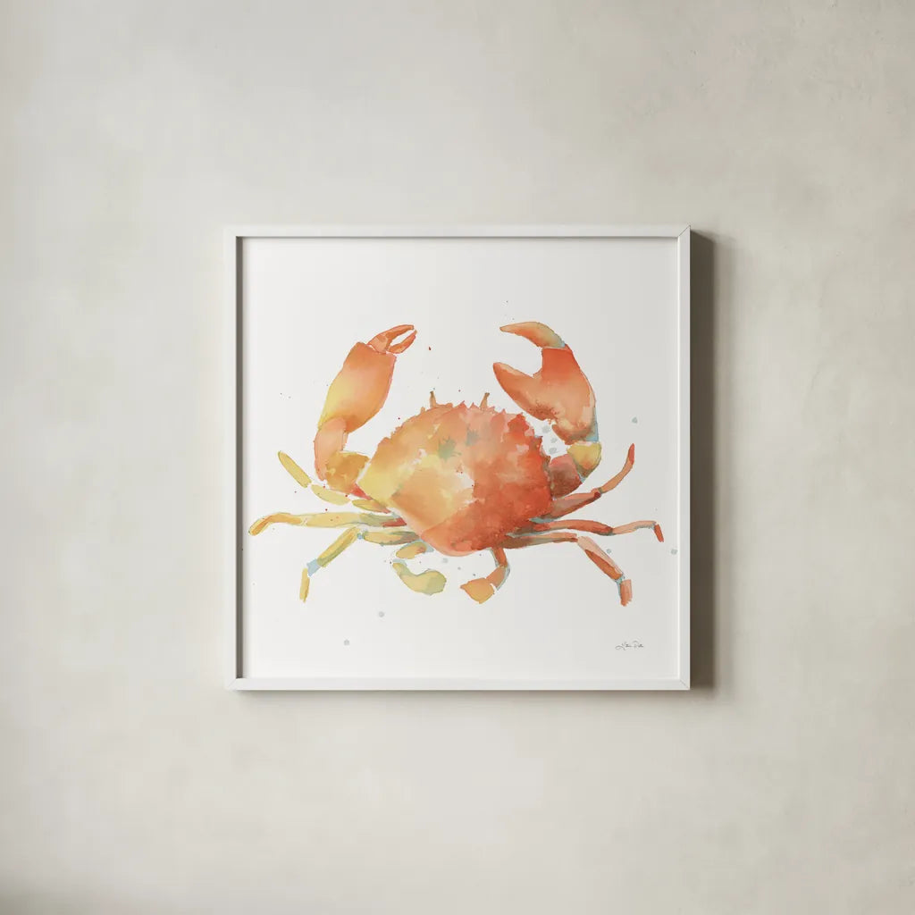 Summertime Crab by Katrina Pete. Shown in a crisp white glass frame for a clean and minimalist style. Available as an archival giclee rolled canvas, fine art paper, or poster print. SKU 68951a.