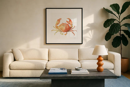 Summertime Crab by Katrina Pete. Displayed in a glass frame with matte in a clean modern living room. Available as an archival giclee rolled canvas, fine art paper, or poster print. SKU 68951a.