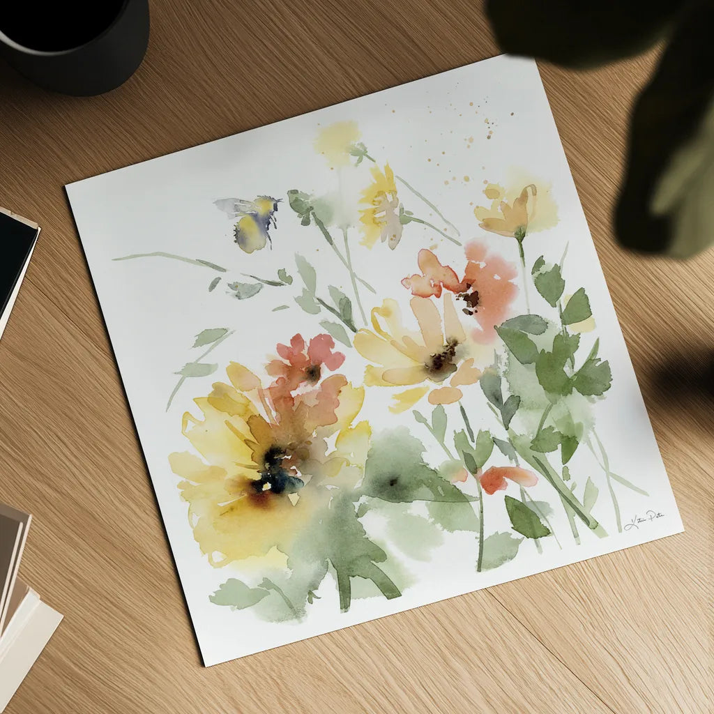 Sunflower Meadow I by Katrina Pete. Shown as a detailed flat fine art print, highlighting archival giclee quality. Available as an archival giclee rolled canvas, fine art paper, or poster print. SKU 72080a.