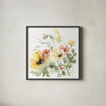 Sunflower Meadow I by Katrina Pete. Shown in a sleek black glass frame for a contemporary gallery look. Available as an archival giclee rolled canvas, fine art paper, or poster print. SKU 72080a.