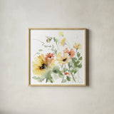Sunflower Meadow I by Katrina Pete. Shown in a natural wood glass frame for a timeless modern aesthetic. Available as an archival giclee rolled canvas, fine art paper, or poster print. SKU 72080a.