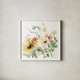 Sunflower Meadow I by Katrina Pete. Shown in a crisp white glass frame for a clean and minimalist style. Available as an archival giclee rolled canvas, fine art paper, or poster print. SKU 72080a.