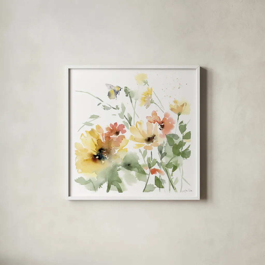 Sunflower Meadow I by Katrina Pete. Shown in a crisp white glass frame for a clean and minimalist style. Available as an archival giclee rolled canvas, fine art paper, or poster print. SKU 72080a.