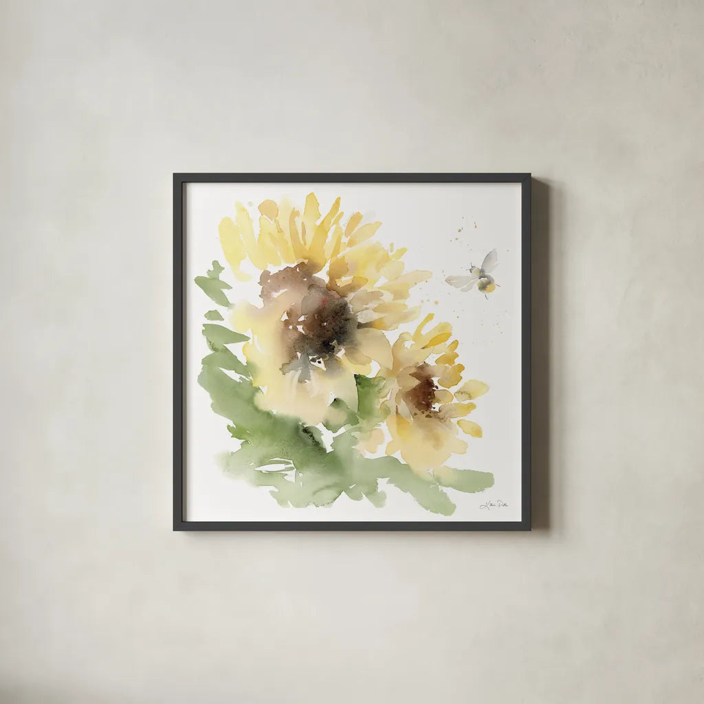 Sunflower Meadow II by Katrina Pete. Shown in a sleek black glass frame for a contemporary gallery look. Available as an archival giclee rolled canvas, fine art paper, or poster print. SKU 72081a.
