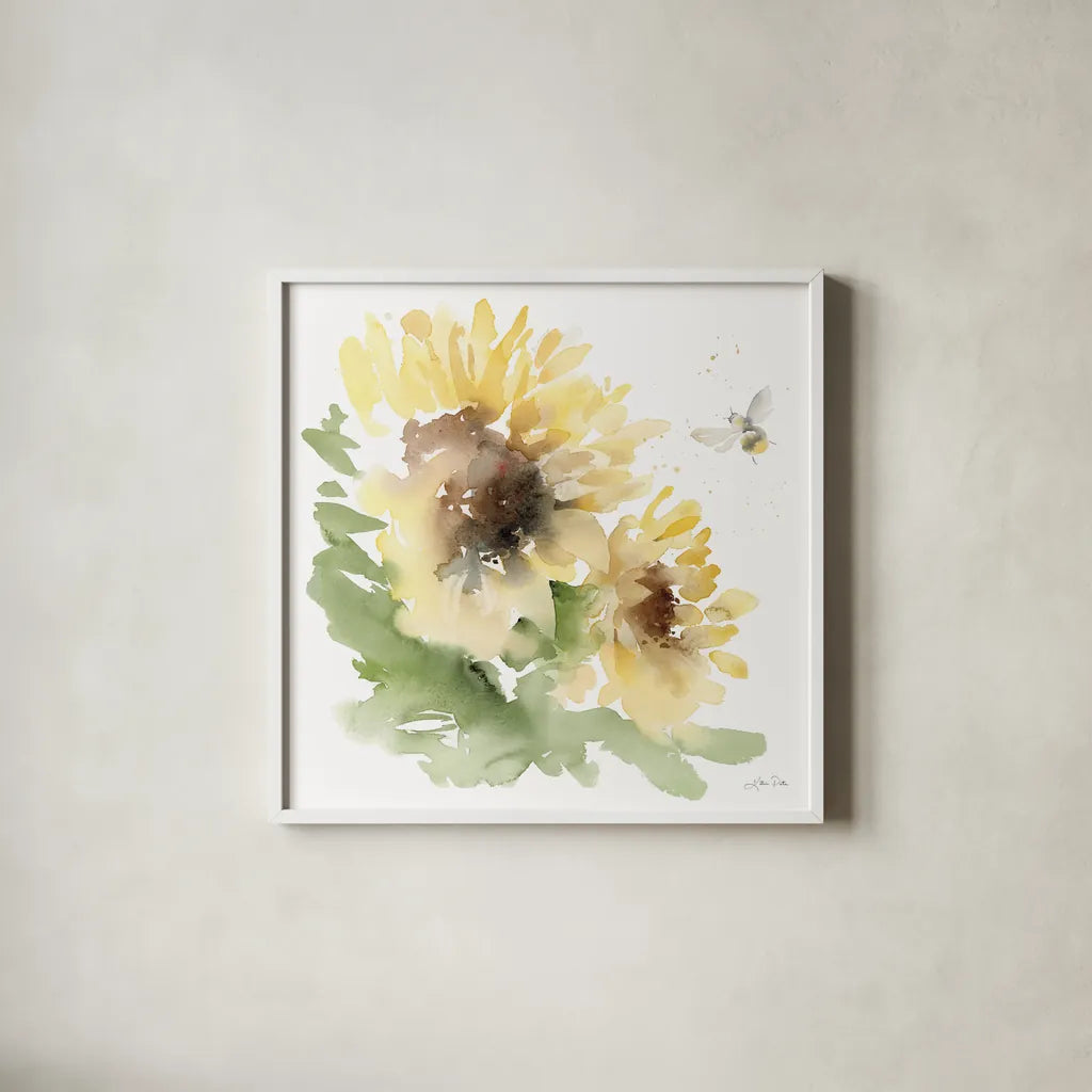 Sunflower Meadow II by Katrina Pete. Shown in a crisp white glass frame for a clean and minimalist style. Available as an archival giclee rolled canvas, fine art paper, or poster print. SKU 72081a.