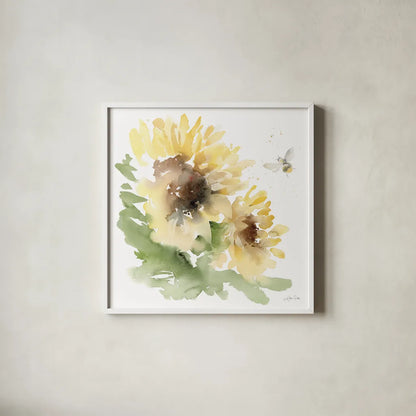 Sunflower Meadow II by Katrina Pete. Shown in a crisp white glass frame for a clean and minimalist style. Available as an archival giclee rolled canvas, fine art paper, or poster print. SKU 72081a.