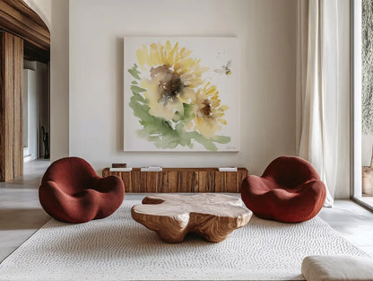Sunflower Meadow II by Katrina Pete. Shown as extra-large giant wall art in a modern living room. Available as an archival giclee rolled canvas, fine art paper, or poster print. SKU 72081a.