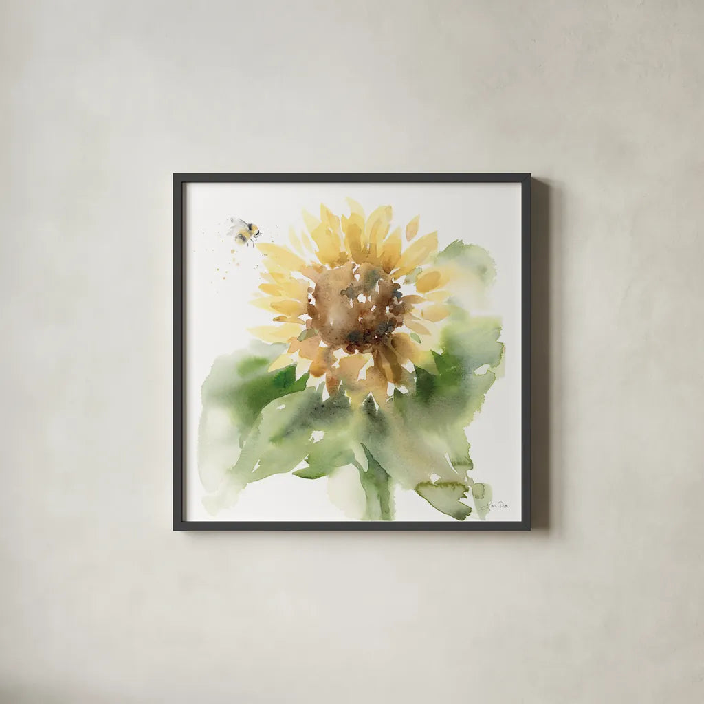 Sunflower Meadow III by Katrina Pete. Shown in a sleek black glass frame for a contemporary gallery look. Available as an archival giclee rolled canvas, fine art paper, or poster print. SKU 72082a.