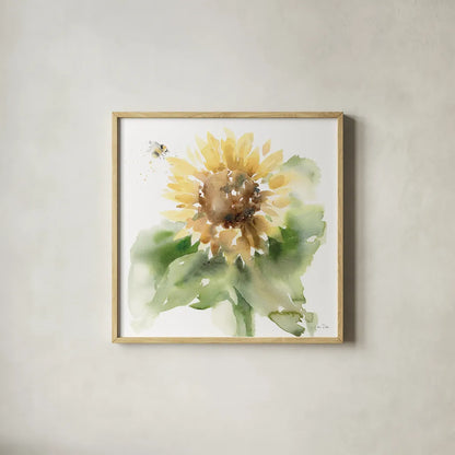 Sunflower Meadow III by Katrina Pete. Shown in a natural wood glass frame for a timeless modern aesthetic. Available as an archival giclee rolled canvas, fine art paper, or poster print. SKU 72082a.