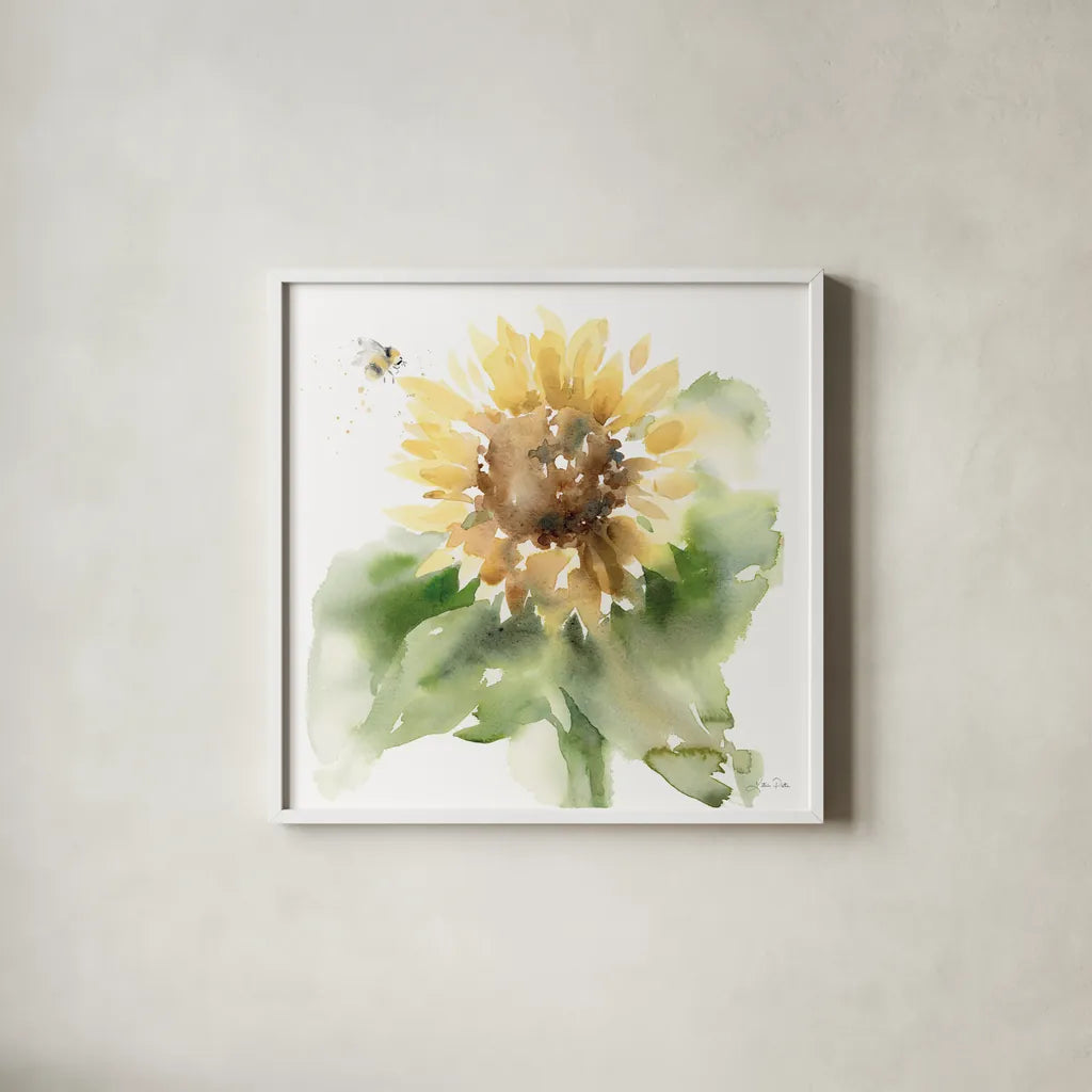 Sunflower Meadow III by Katrina Pete. Shown in a crisp white glass frame for a clean and minimalist style. Available as an archival giclee rolled canvas, fine art paper, or poster print. SKU 72082a.