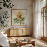 Sunflower Meadow III by Katrina Pete. Shown in a natural wood frame in a cozy modern living room. Available as an archival giclee rolled canvas, fine art paper, or poster print. SKU 72082a.