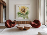 Sunflower Meadow III by Katrina Pete. Shown as extra-large giant wall art in a modern living room. Available as an archival giclee rolled canvas, fine art paper, or poster print. SKU 72082a.