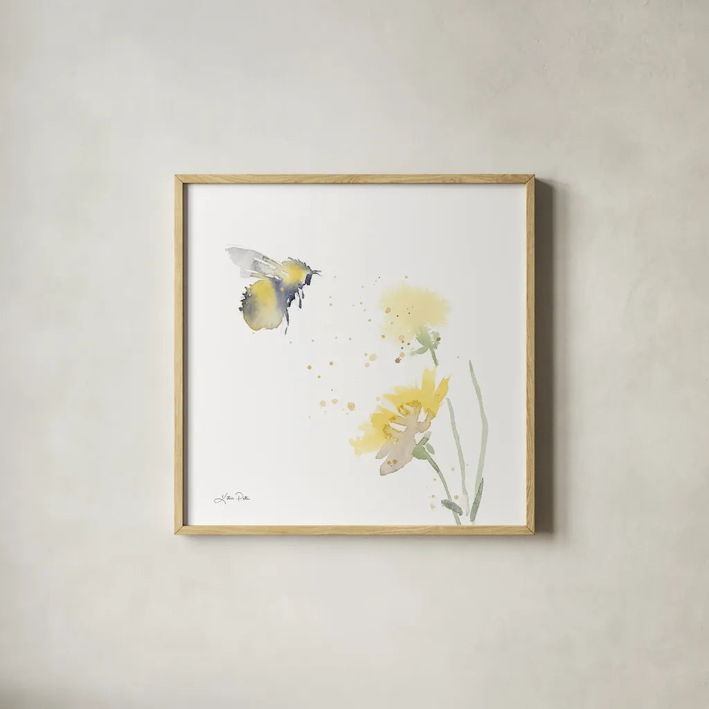Sunflower Meadow IV by Katrina Pete. Shown in a natural wood glass frame for a timeless modern aesthetic. Available as an archival giclee rolled canvas, fine art paper, or poster print. SKU 72083a.