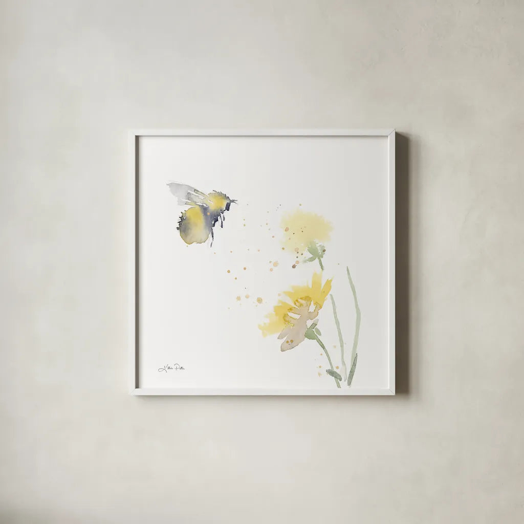 Sunflower Meadow IV by Katrina Pete. Shown in a crisp white glass frame for a clean and minimalist style. Available as an archival giclee rolled canvas, fine art paper, or poster print. SKU 72083a.
