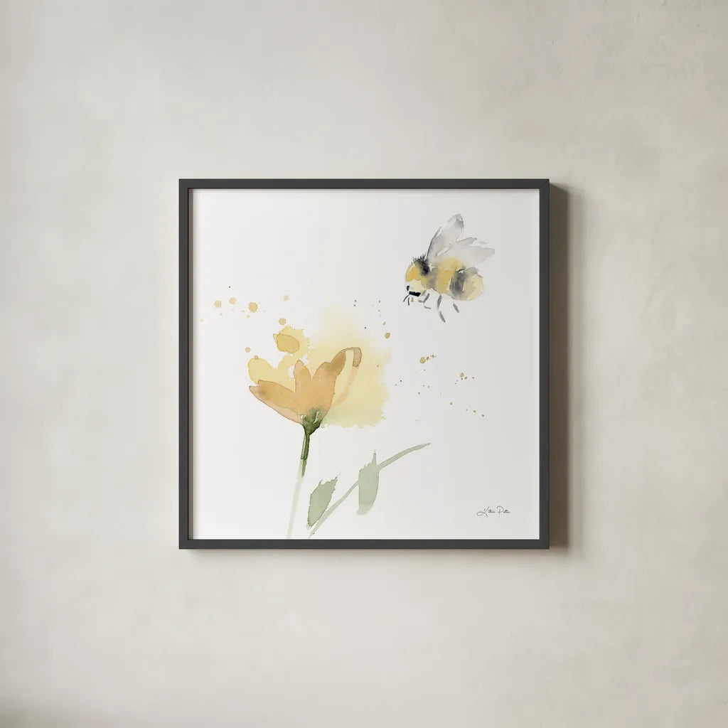 Sunflower Meadow V by Katrina Pete. Shown in a sleek black glass frame for a contemporary gallery look. Available as an archival giclee rolled canvas, fine art paper, or poster print. SKU 72084a.