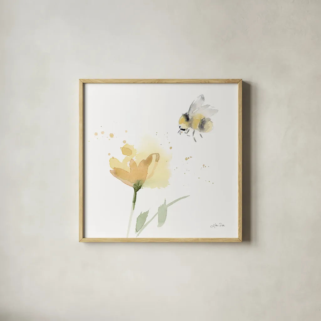 Sunflower Meadow V by Katrina Pete. Shown in a natural wood glass frame for a timeless modern aesthetic. Available as an archival giclee rolled canvas, fine art paper, or poster print. SKU 72084a.