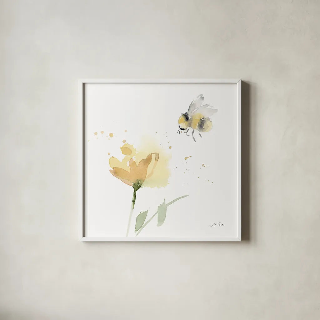 Sunflower Meadow V by Katrina Pete. Shown in a crisp white glass frame for a clean and minimalist style. Available as an archival giclee rolled canvas, fine art paper, or poster print. SKU 72084a.