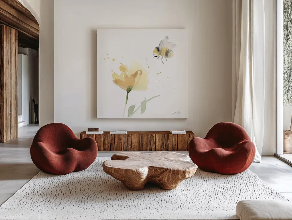 Sunflower Meadow V by Katrina Pete. Shown as extra-large giant wall art in a modern living room. Available as an archival giclee rolled canvas, fine art paper, or poster print. SKU 72084a.