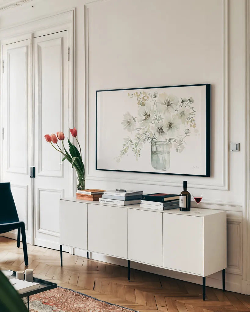 Sunrise Bouquet by Katrina Pete. shown as a framed stretched canvas in a living room above a console. Available as a archival giclee rolled canvas, fine art paper, or poster print. SKU 67128i.