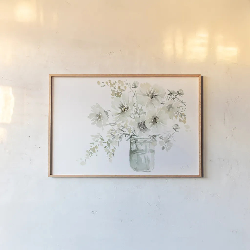 Sunrise Bouquet by Katrina Pete. shown as a paper print in a natural frame. Available as a archival giclee rolled canvas, fine art paper, or poster print. SKU 67128i.