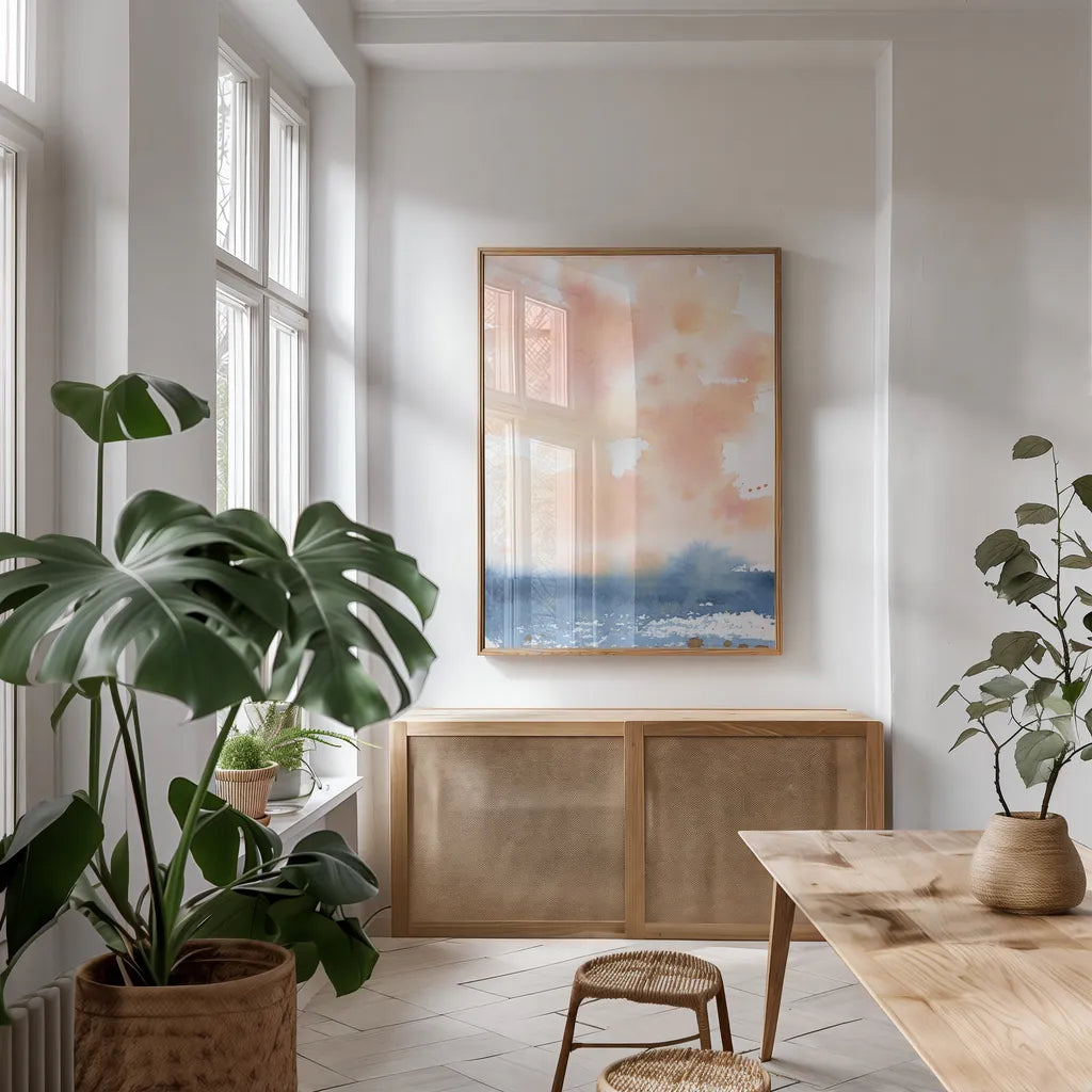 Sunrise Seascape I by Katrina Pete. shown as a print in a natural wood frame in a dining room. Available as a archival giclee rolled canvas, fine art paper, or poster print. SKU 65952h.