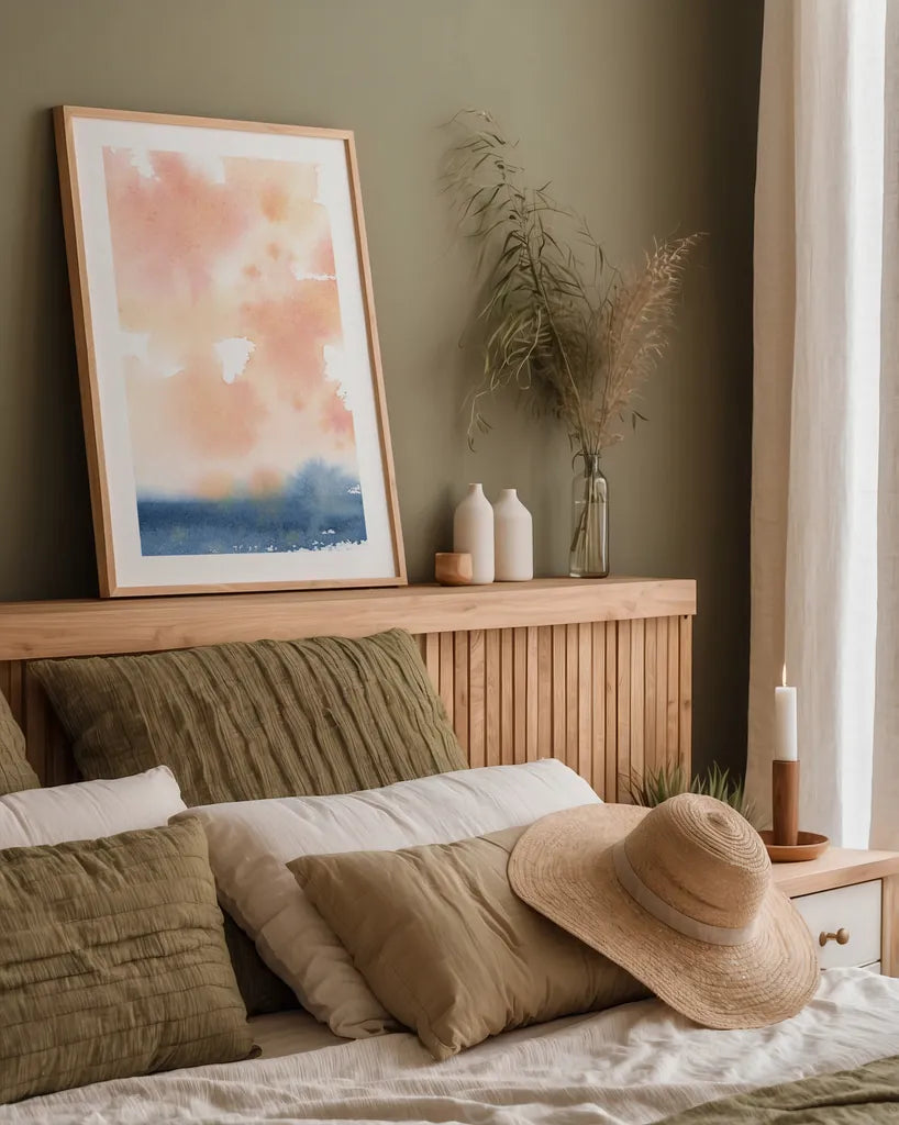 Sunrise Seascape I by Katrina Pete. shown as a paper print in a natural frame. Available as a archival giclee rolled canvas, fine art paper, or poster print. SKU 65952h.