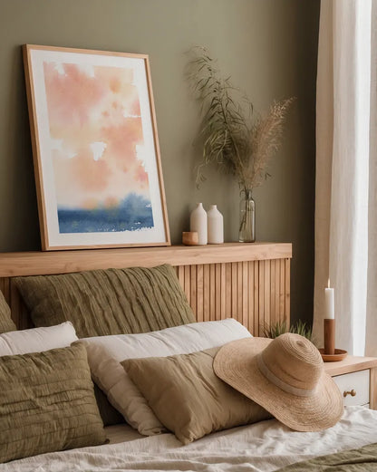 Sunrise Seascape I by Katrina Pete. shown as a paper print in a natural frame. Available as a archival giclee rolled canvas, fine art paper, or poster print. SKU 65952h.