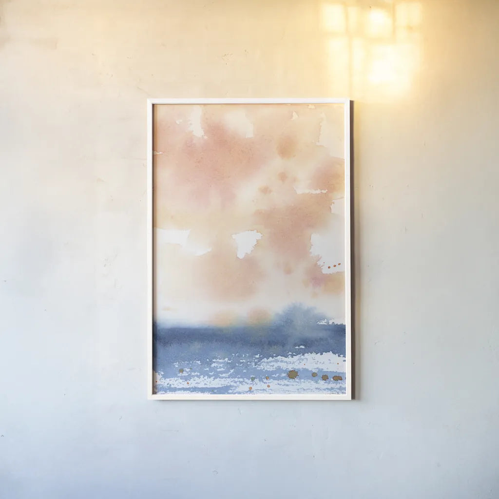 Sunrise Seascape I by Katrina Pete. shown as a paper print in a white frame. Available as a archival giclee rolled canvas, fine art paper, or poster print. SKU 65952h.