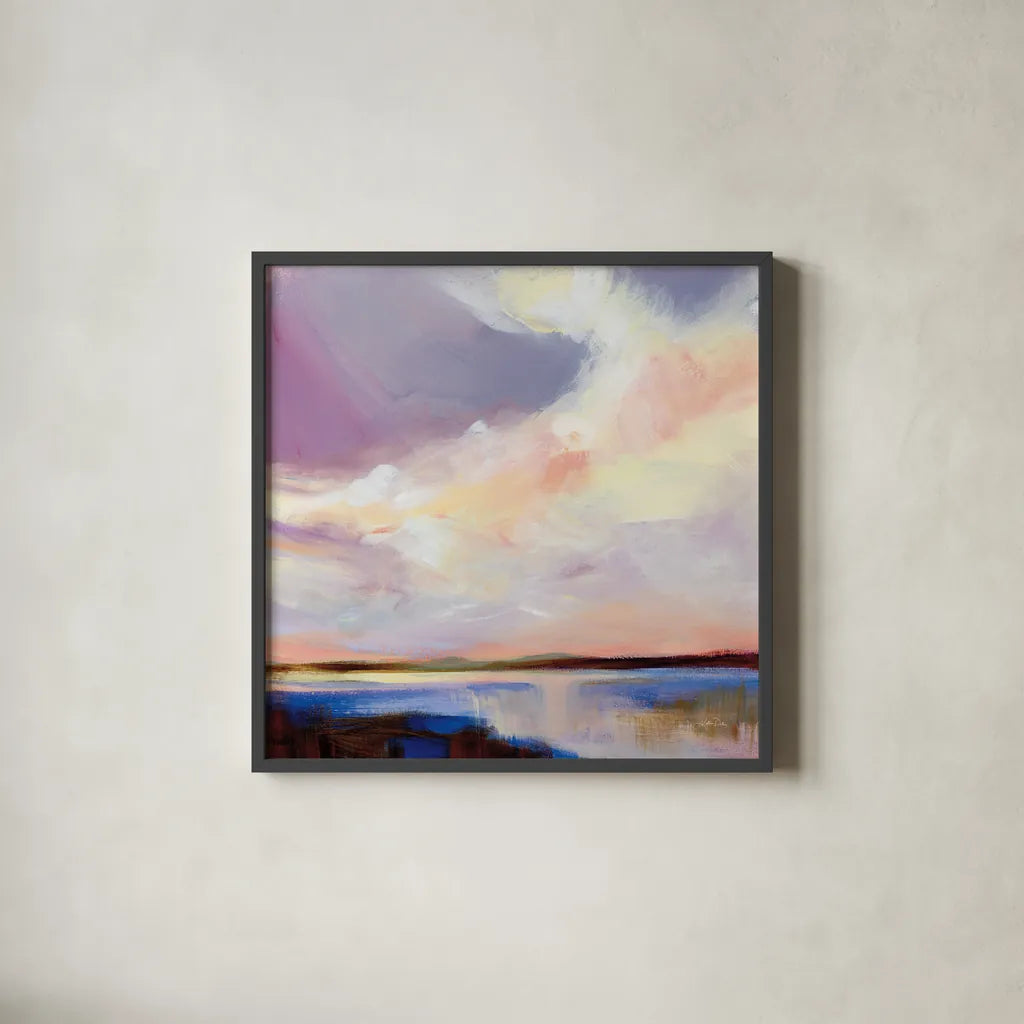 Sunset on Gull Lake by Katrina Pete. Shown in a sleek black glass frame for a contemporary gallery look. Available as an archival giclee rolled canvas, fine art paper, or poster print. SKU 92799a.