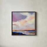 Sunset on Gull Lake by Katrina Pete. Shown in a sleek black glass frame for a contemporary gallery look. Available as an archival giclee rolled canvas, fine art paper, or poster print. SKU 92799a.